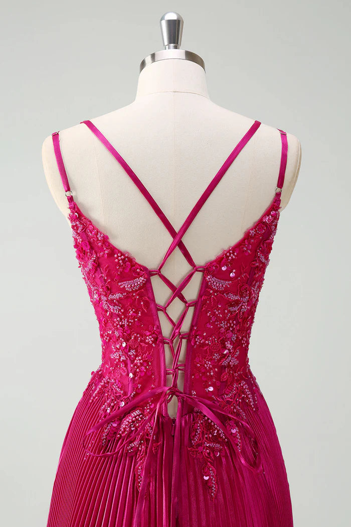 Robe Weitese Fuchsia Scintillante A-Line Longue Robe Maxi En Dentelle Robe De Bal Sans Manches Robe De Soirée Plissée 