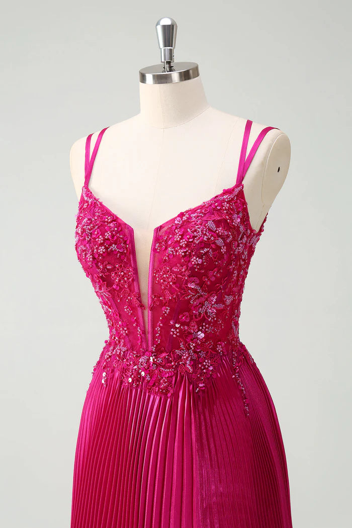 Robe Weitese Fuchsia Scintillante A-Line Longue Robe Maxi En Dentelle Robe De Bal Sans Manches Robe De Soirée Plissée 