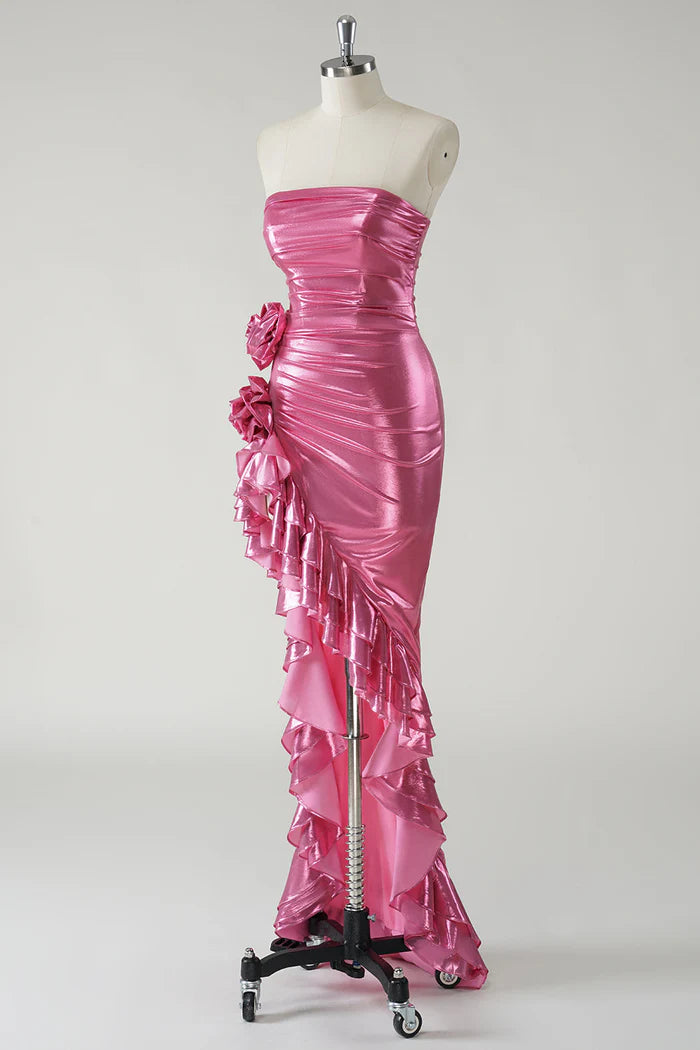 Robe Weitese - Robe longue bustier métallisée fuchsia scintillante - Robe de bal avec fente - Robe de soirée 
