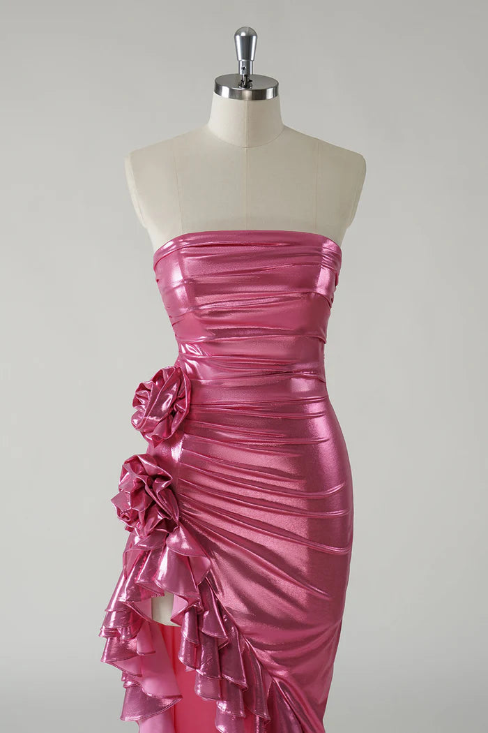 Robe Weitese - Robe longue bustier métallisée fuchsia scintillante - Robe de bal avec fente - Robe de soirée 