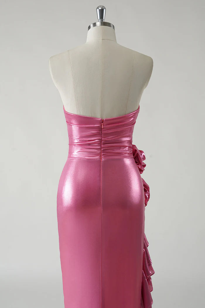 Robe Weitese - Robe longue bustier métallisée fuchsia scintillante - Robe de bal avec fente - Robe de soirée 