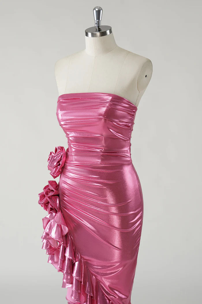 Robe Weitese - Robe longue bustier métallisée fuchsia scintillante - Robe de bal avec fente - Robe de soirée 