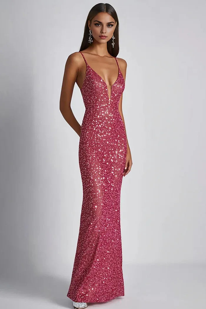 Weitese Dress Sparkly Fuchsia Sheath Spaghetti Straps Maxi Dress Prom Dress Formal Dress With Sequins Evening Dress
