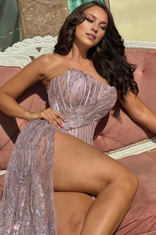 Vestido Weitese brillante/magnífico, tubo, escote barco, sin mangas, plisado, lentejuelas, vestido de fiesta de graduación, abertura lateral alta y cola, vestido formal de noche. 