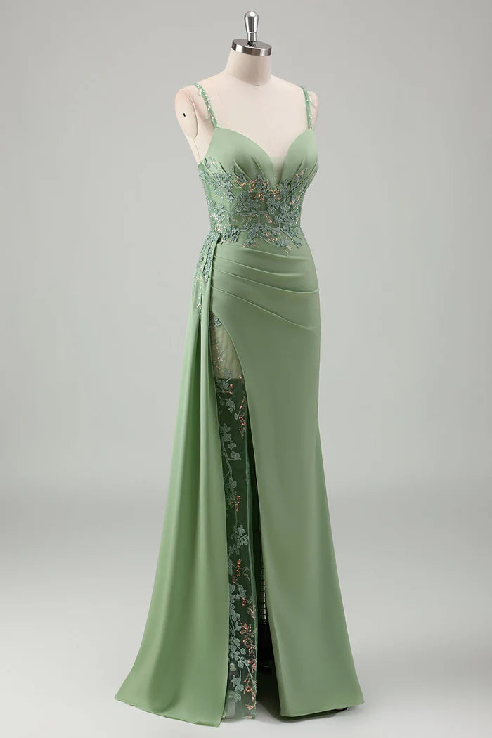 Robe Weitese scintillante vert clair à bretelles spaghetti en dentelle, robe longue de bal sans manches, robe de soirée fendue en satin 