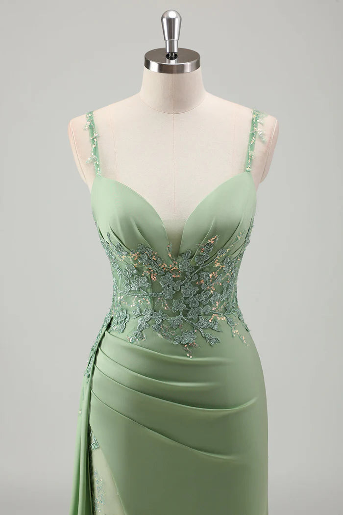 Robe Weitese scintillante vert clair à bretelles spaghetti en dentelle, robe longue de bal sans manches, robe de soirée fendue en satin 