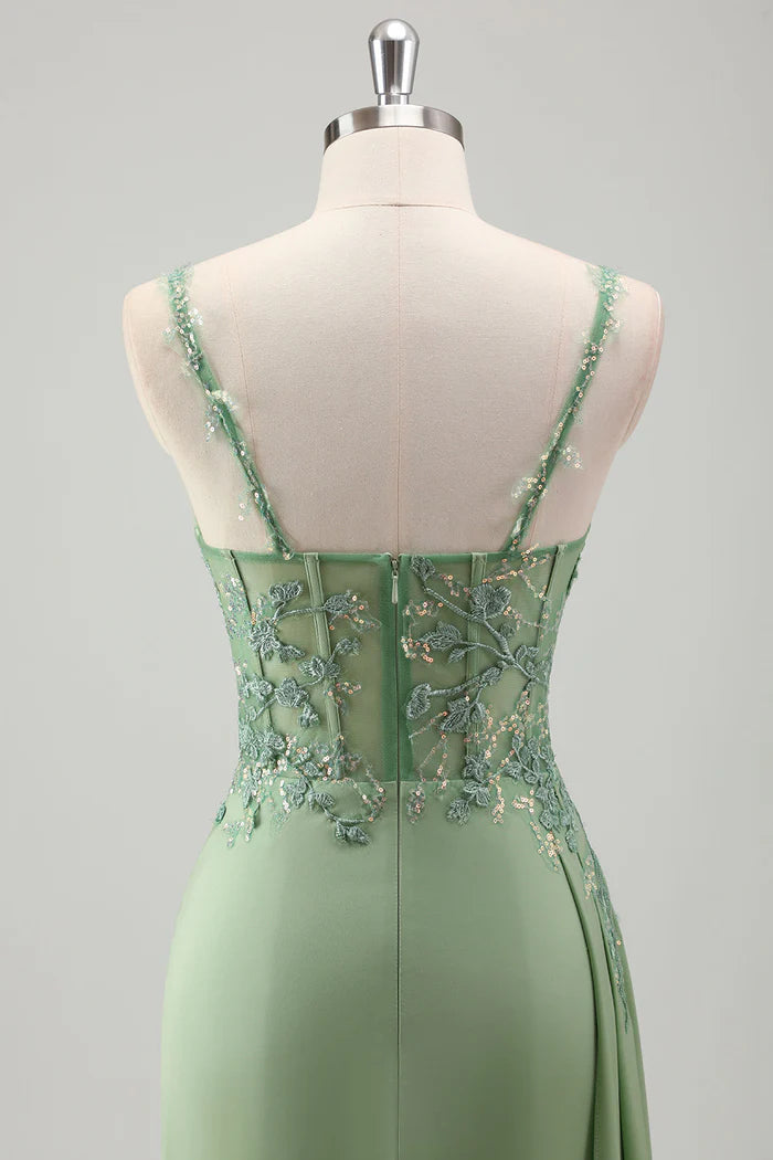 Robe Weitese scintillante vert clair à bretelles spaghetti en dentelle, robe longue de bal sans manches, robe de soirée fendue en satin 