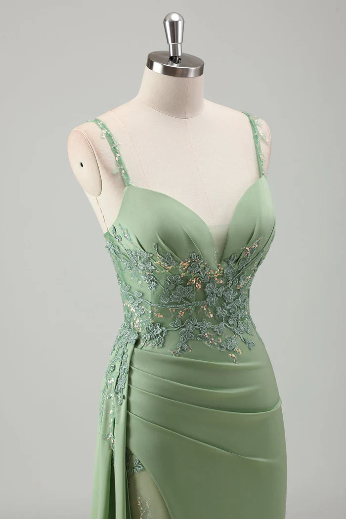 Robe Weitese scintillante vert clair à bretelles spaghetti en dentelle, robe longue de bal sans manches, robe de soirée fendue en satin 