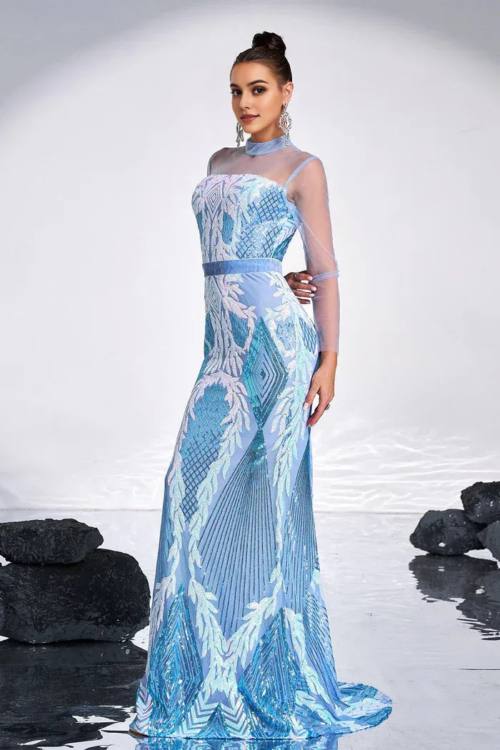 Weitese Dress Sparkly Ligth Blue Mermaid Printed Illusion Sleeves Maxi Dress Prom Dress Sweep Brush Train Evening Dress