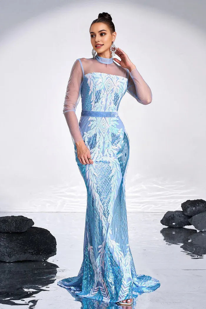 Weitese Dress Sparkly Ligth Blue Mermaid Printed Illusion Sleeves Maxi Dress Prom Dress Sweep Brush Train Evening Dress