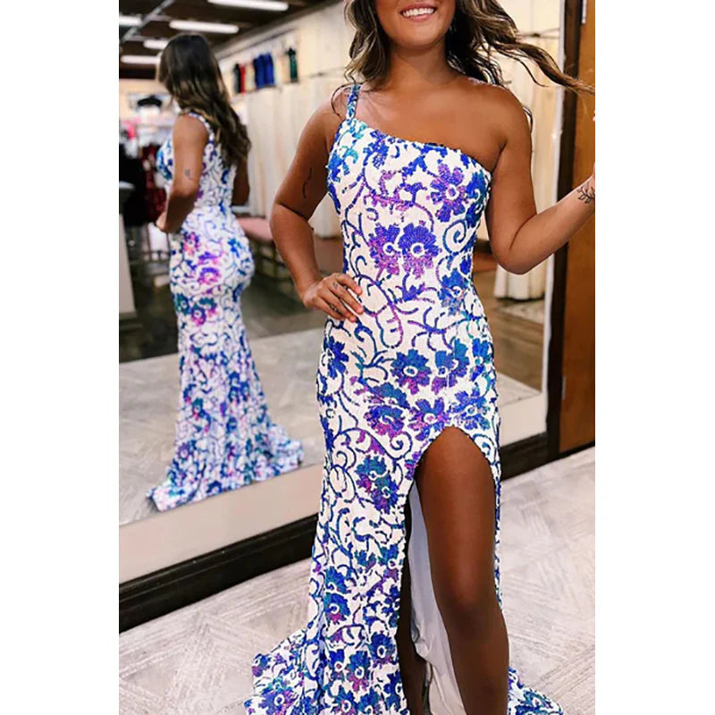 Weitese Dress Sparkly Mermaid One Shoulder Sequins Long Prom Dresses Party Dress