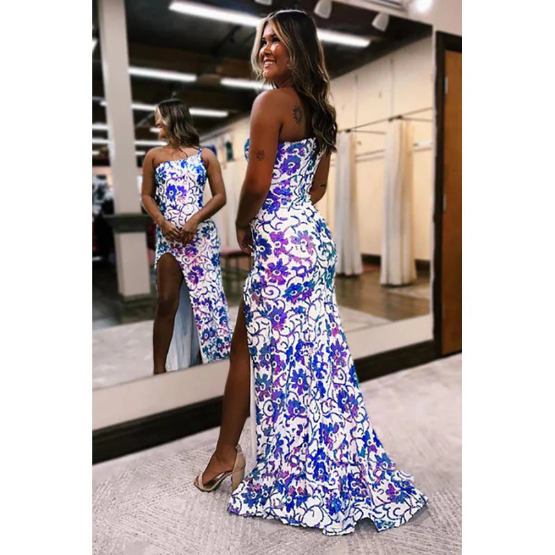 Vestido Weitese de sirena brillante con un hombro al descubierto y lentejuelas, vestido largo de fiesta para graduación 