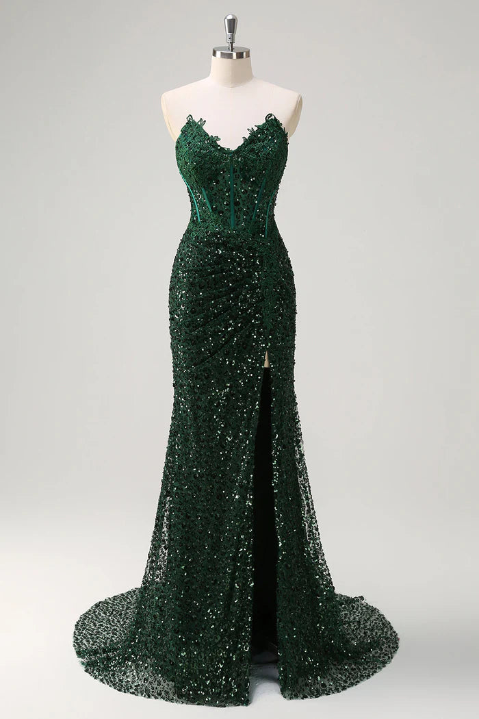 Vestido Weitese de sirena brillante con escote corazón, verde oscuro, corsé, lentejuelas, encaje, vestido largo, vestido de fiesta, vestido formal con abertura, vestido de noche. 