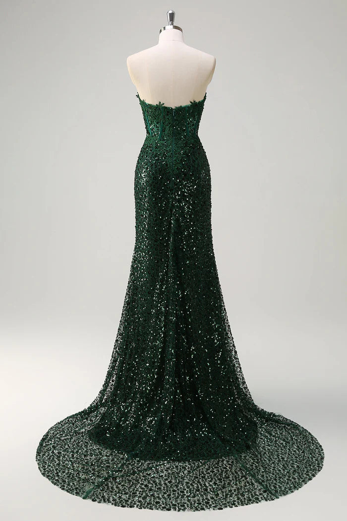 Vestido Weitese de sirena brillante con escote corazón, verde oscuro, corsé, lentejuelas, encaje, vestido largo, vestido de fiesta, vestido formal con abertura, vestido de noche. 