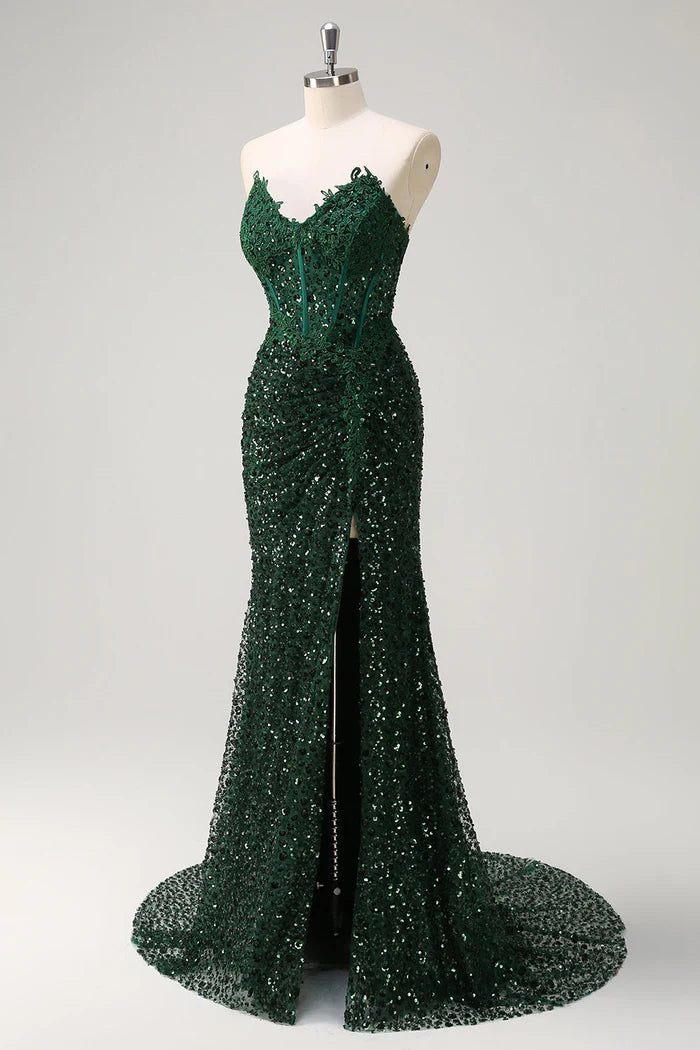 Vestido Weitese de sirena brillante con escote corazón, verde oscuro, corsé, lentejuelas, encaje, vestido largo, vestido de fiesta, vestido formal con abertura, vestido de noche. 
