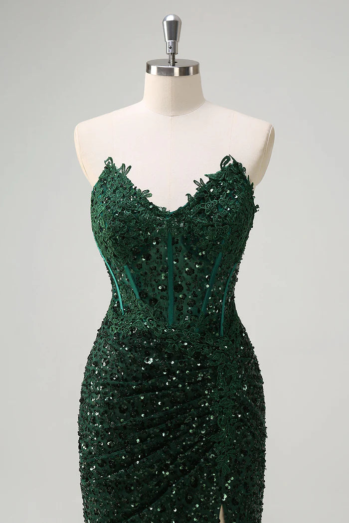 Vestido Weitese de sirena brillante con escote corazón, verde oscuro, corsé, lentejuelas, encaje, vestido largo, vestido de fiesta, vestido formal con abertura, vestido de noche. 