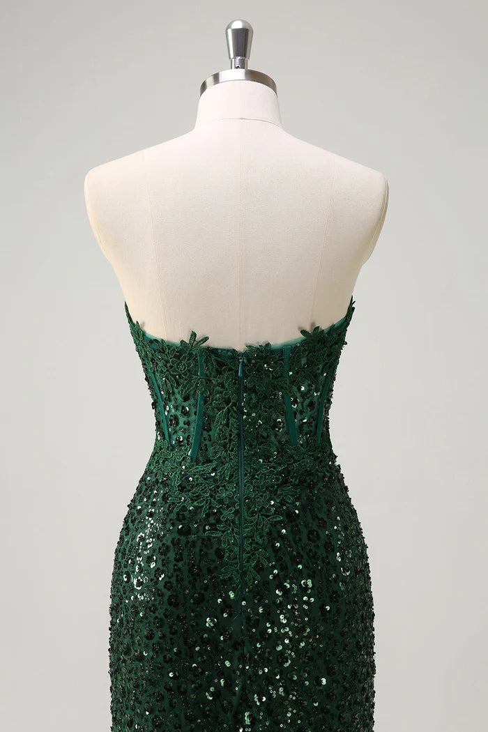 Vestido Weitese de sirena brillante con escote corazón, verde oscuro, corsé, lentejuelas, encaje, vestido largo, vestido de fiesta, vestido formal con abertura, vestido de noche. 