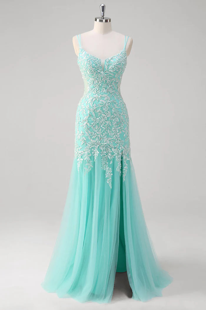 Weitese Dress Sparkly Mint Mermaid Lace Party Dress Maxi Dress Sleeveless With Slit Prom Dress