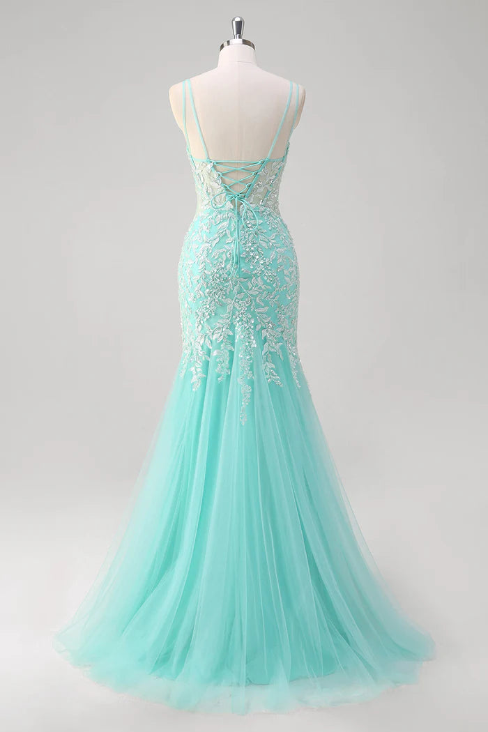 Weitese Dress Sparkly Mint Mermaid Lace Party Dress Maxi Dress Sleeveless With Slit Prom Dress