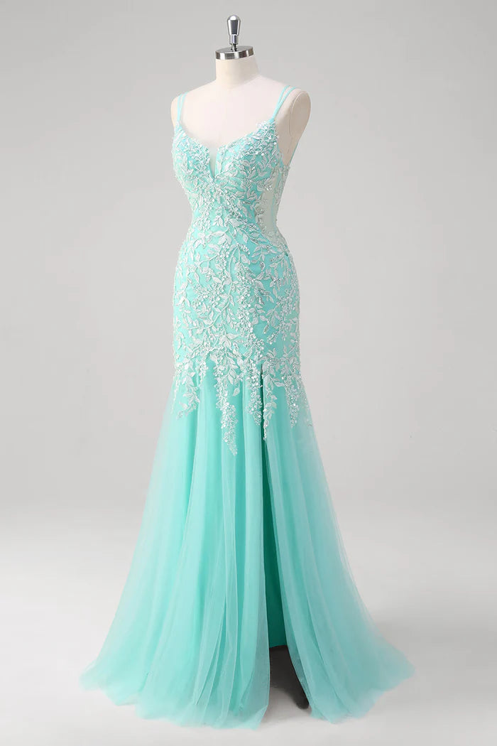 Weitese Dress Sparkly Mint Mermaid Lace Party Dress Maxi Dress Sleeveless With Slit Prom Dress