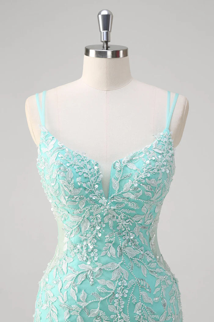 Weitese Dress Sparkly Mint Mermaid Lace Party Dress Maxi Dress Sleeveless With Slit Prom Dress