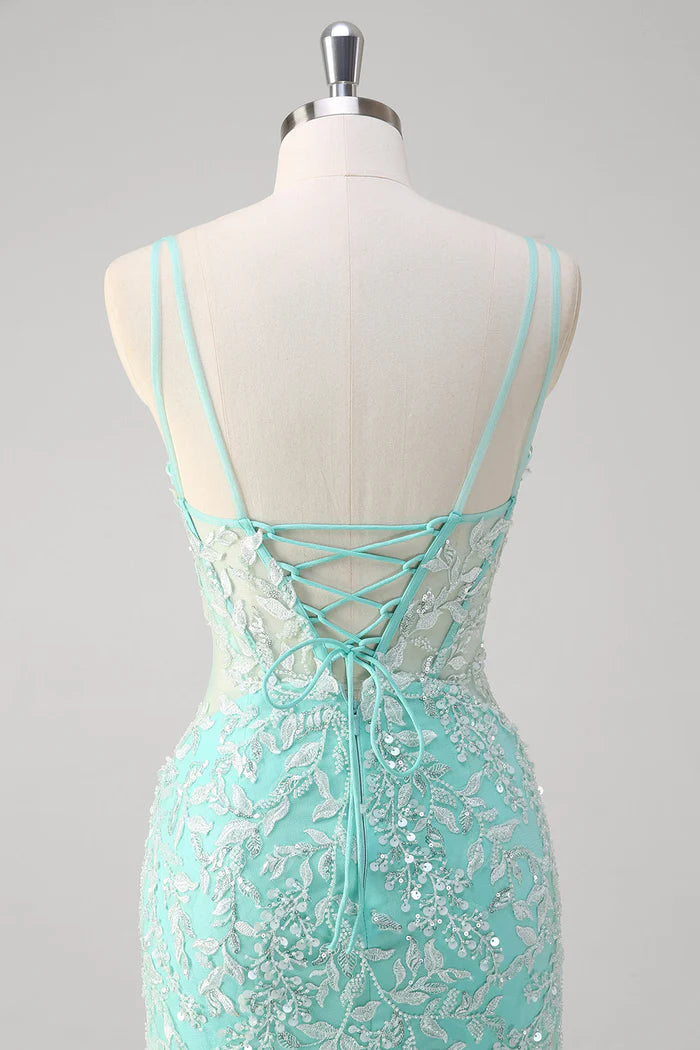 Weitese Dress Sparkly Mint Mermaid Lace Party Dress Maxi Dress Sleeveless With Slit Prom Dress