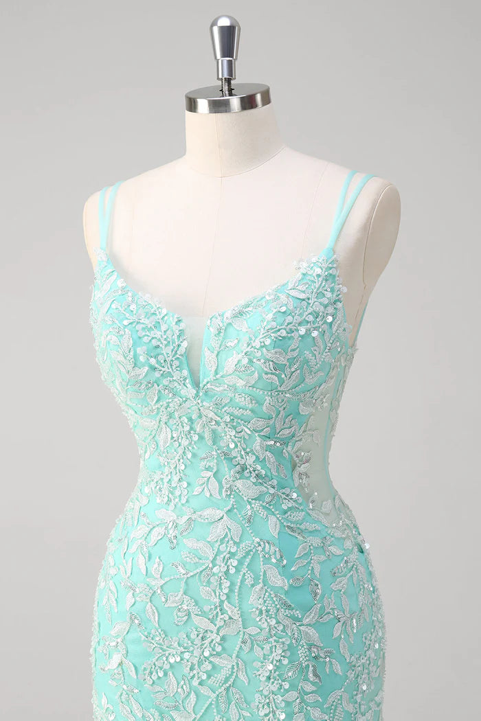 Weitese Dress Sparkly Mint Mermaid Lace Party Dress Maxi Dress Sleeveless With Slit Prom Dress