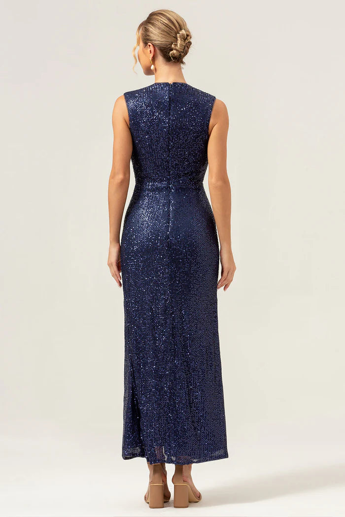 Weitese Dress Sparkly Navy Sheath V-Neck Sequins Tea Length Prom Dress V Neck Sleeveless Sparkle & Shine Party Dress