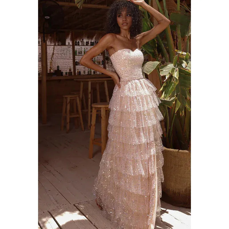 Vestido Weitese brillante sin mangas con hombros descubiertos y abertura lateral para fiesta de graduación 