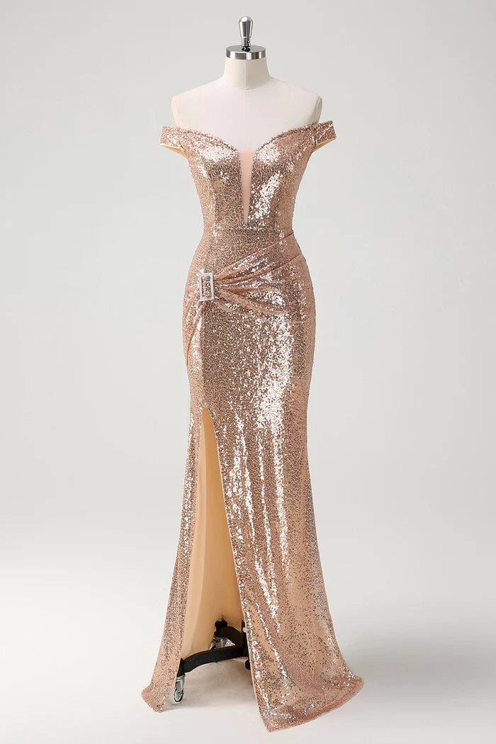 Weitese Dress Sparkly Off the Shoulder Champagne Mermaid Maxi Dress Prom Dress Sleeveless Slit Fashion Party Dress