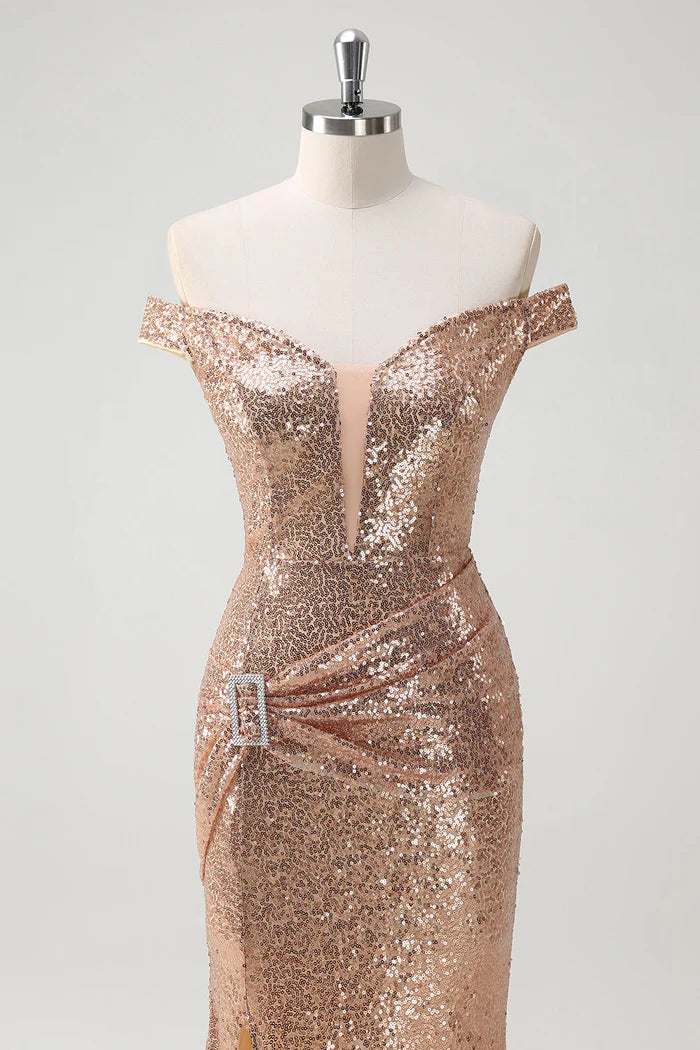 Weitese Dress Sparkly Off the Shoulder Champagne Mermaid Maxi Dress Prom Dress Sleeveless Slit Fashion Party Dress
