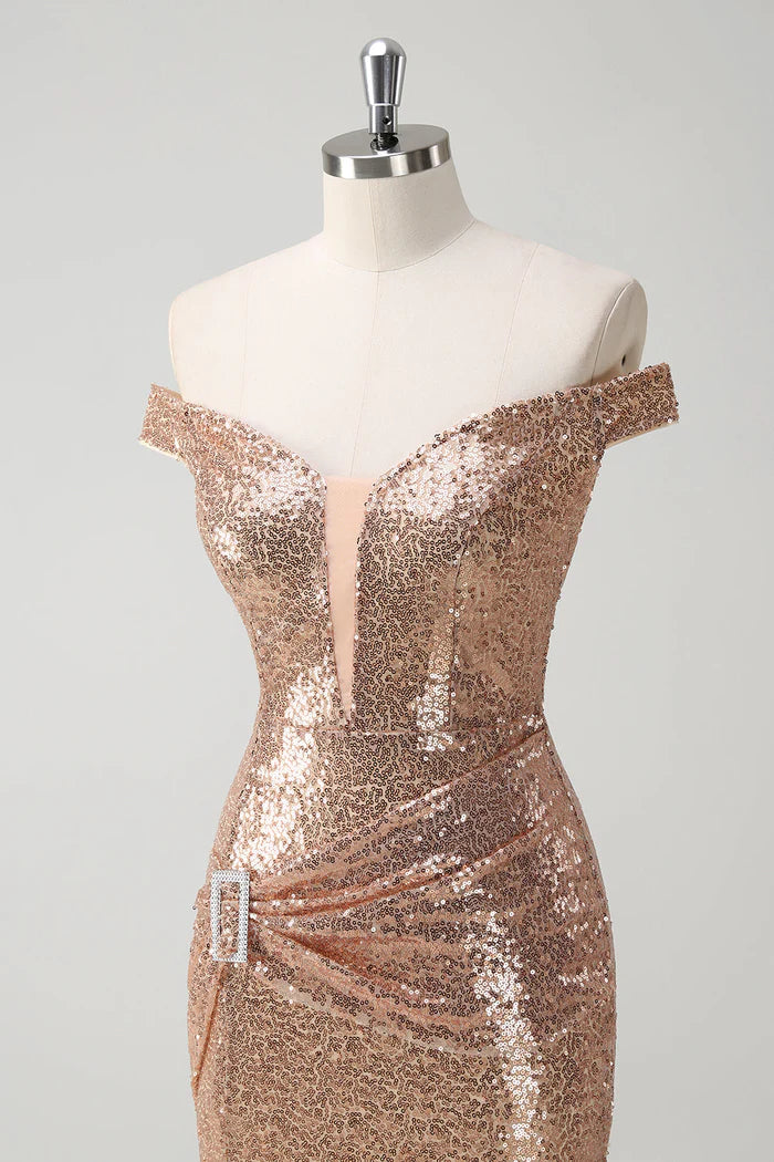 Weitese Dress Sparkly Off the Shoulder Champagne Mermaid Maxi Dress Prom Dress Sleeveless Slit Fashion Party Dress