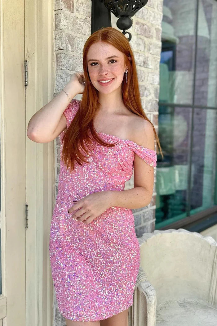 Weitese Dress Sparkly Pink Sequined Tight Homecoming Dress Sleeveless Lace-Up Back Party Dress