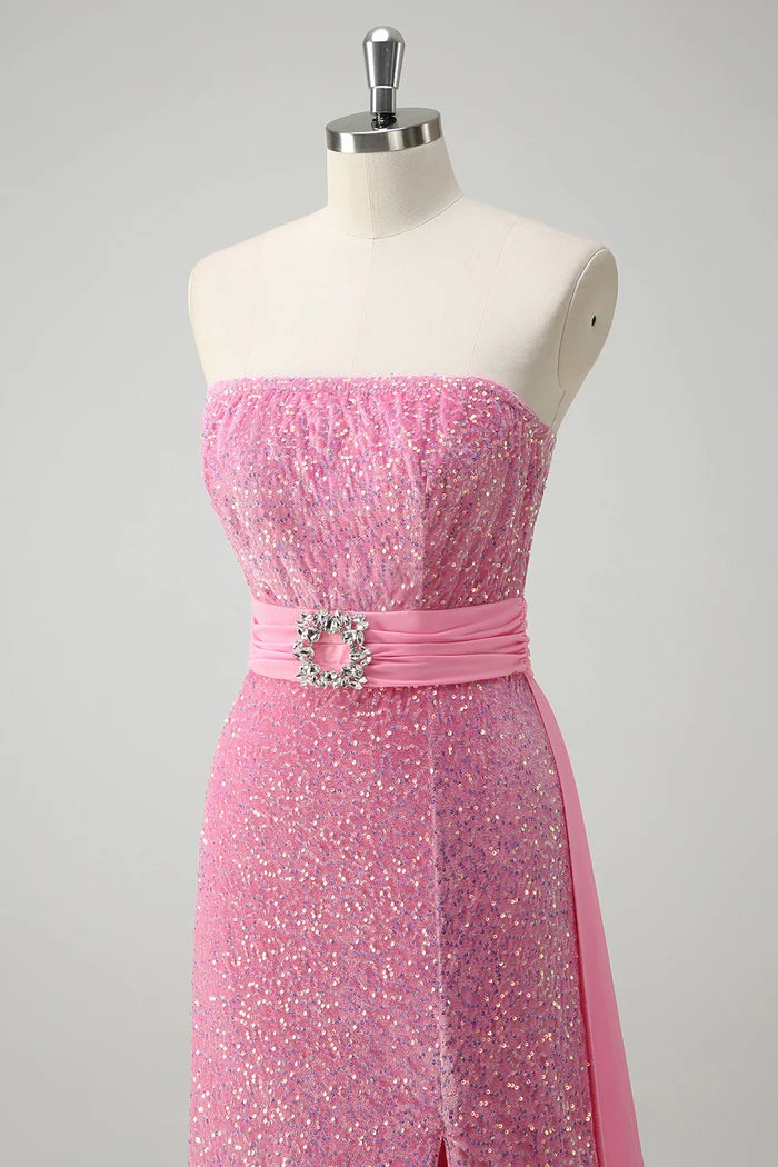 Vestido Weitese, vestido largo rosa brillante sin tirantes, vestido de fiesta sin mangas con abertura, vestido de fiesta de moda 