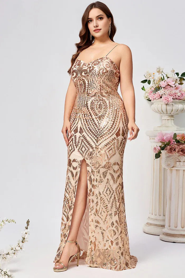 Weitese Dress Sparkly Plus Size Golden Mermaid Sequin Embroidered Maxi Dress Prom Dress Sleeveless Split Evening Dress