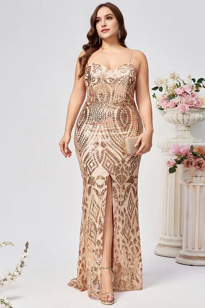 Weitese Dress Sparkly Plus Size Golden Mermaid Sequin Embroidered Maxi Dress Prom Dress Sleeveless Split Evening Dress