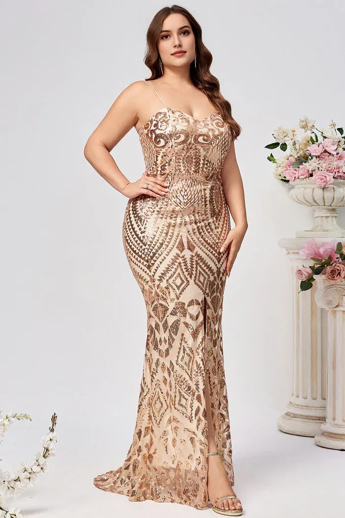 Weitese Dress Sparkly Plus Size Golden Mermaid Sequin Embroidered Maxi Dress Prom Dress Sleeveless Split Evening Dress