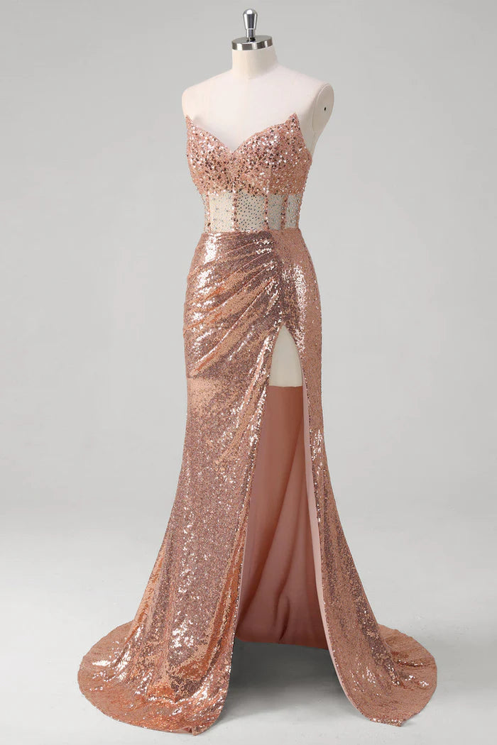 Weitese Dress Sparkly Rose Golden Mermaid Sweetheart Sequined Maxi Dress Prom Dress Sleeveless Slit Evening Dress