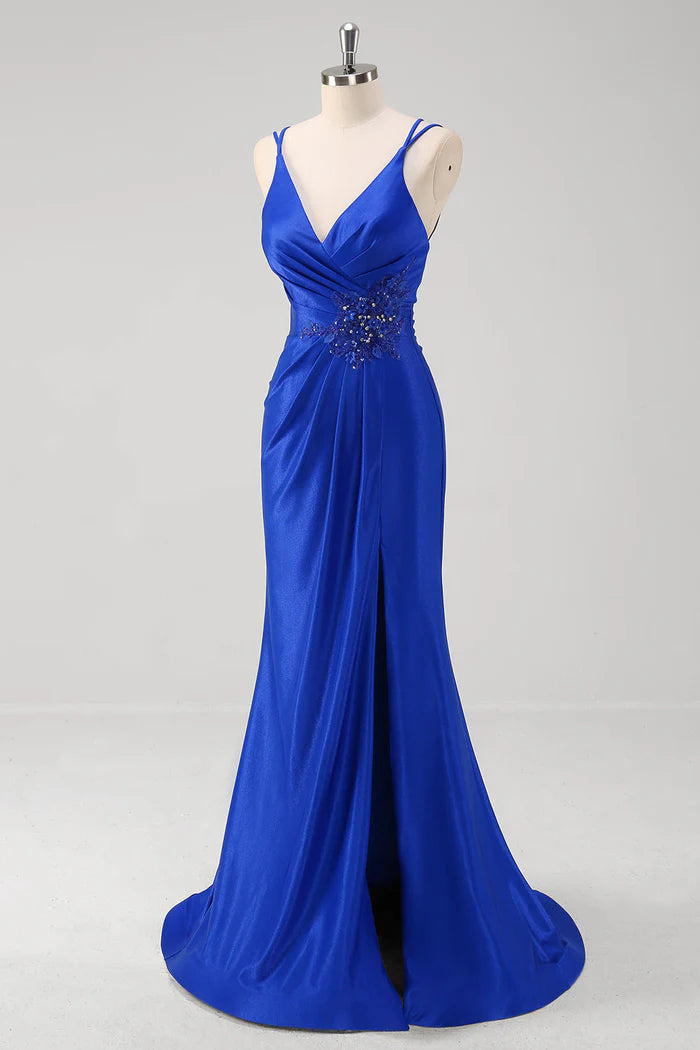 Weitese Dress Sparkly Royal Blue Mermaid Spaghetti Straps Party Dress Maxi Dress Sleeveless With Slit Prom Dress