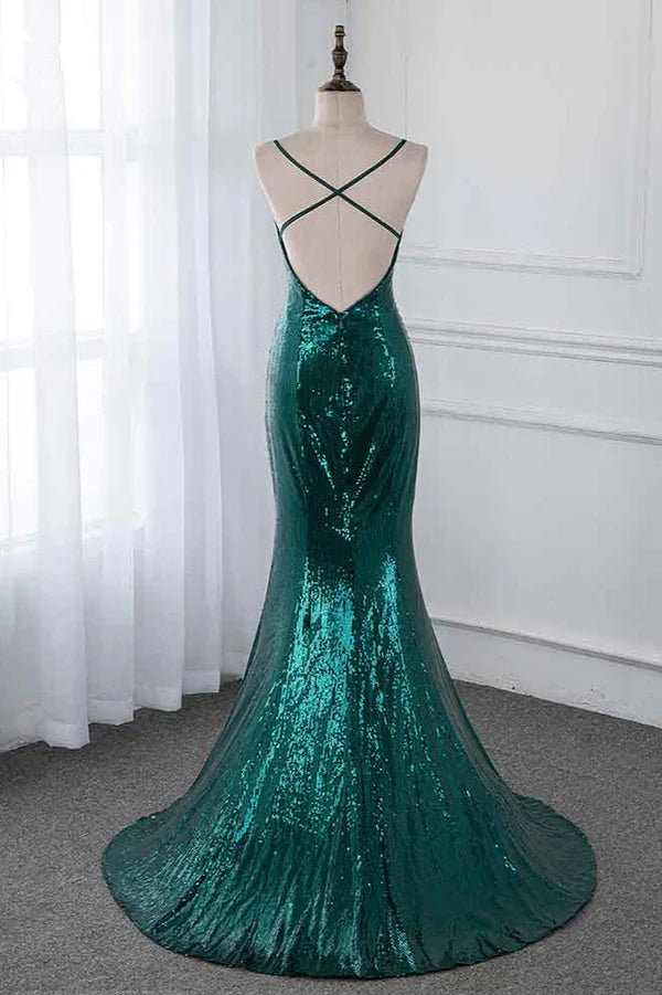 Weitese Dress Sparkly Sequined Spaghetti Straps V-Neck Evening Dresses With Backless Prom Dress