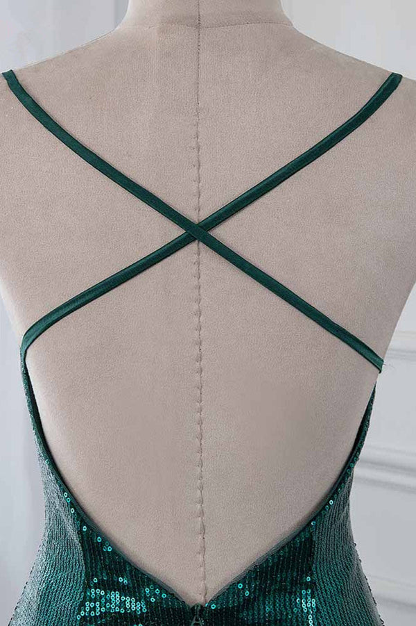 Weitese Dress Sparkly Sequined Spaghetti Straps V-Neck Evening Dresses With Backless Prom Dress