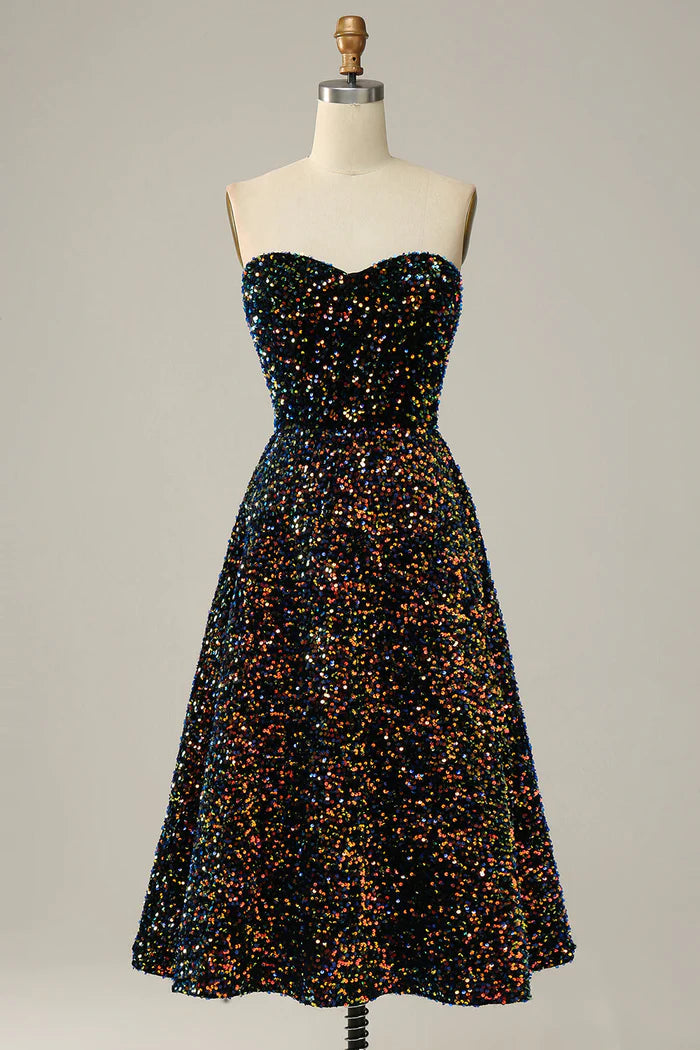 Vestido Weitese con lentejuelas brillantes, escote en forma de corazón, negro, midi, para regreso a casa, sin tirantes, sin mangas, para fiesta de graduación 
