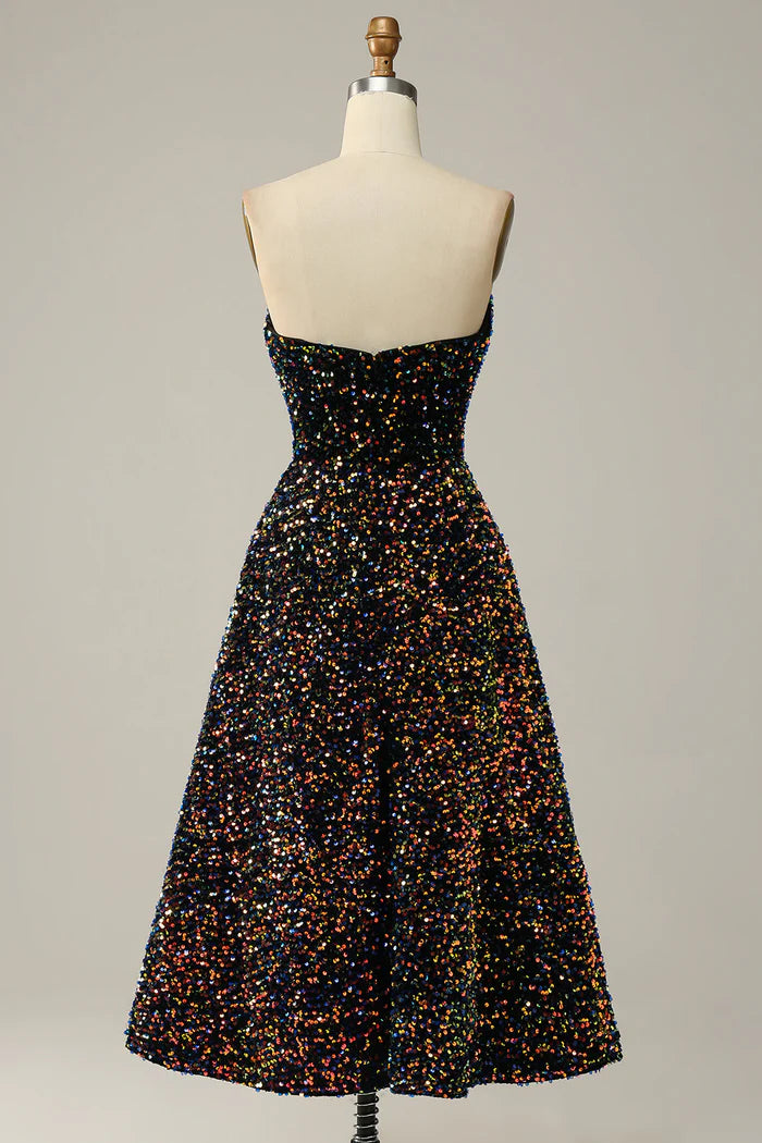 Vestido Weitese con lentejuelas brillantes, escote en forma de corazón, negro, midi, para regreso a casa, sin tirantes, sin mangas, para fiesta de graduación 