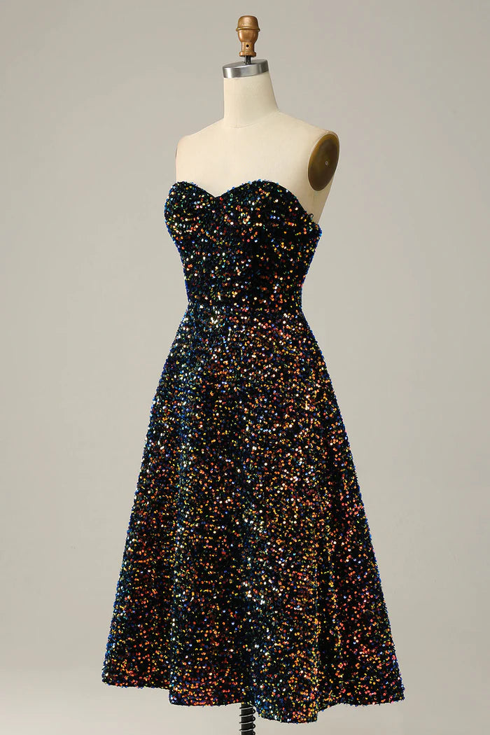 Robe Weitese à paillettes scintillantes, robe de bal mi-longue noire, sans bretelles, décolleté en cœur 