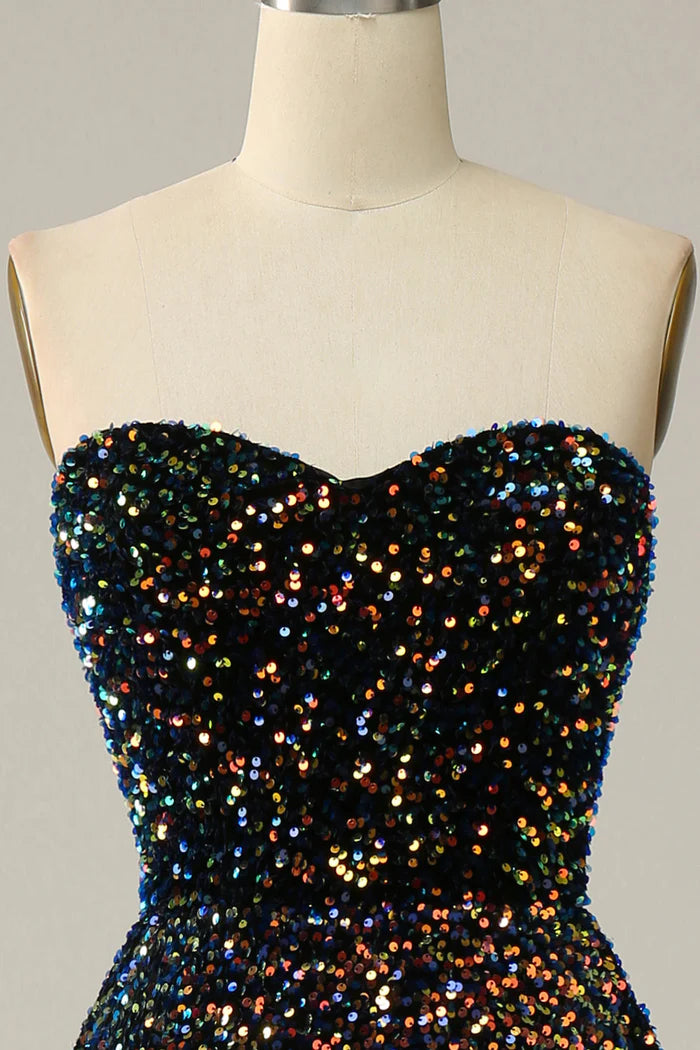 Robe Weitese à paillettes scintillantes, robe de bal mi-longue noire, sans bretelles, décolleté en cœur 