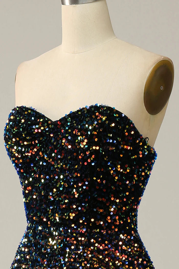 Robe Weitese à paillettes scintillantes, robe de bal mi-longue noire, sans bretelles, décolleté en cœur 