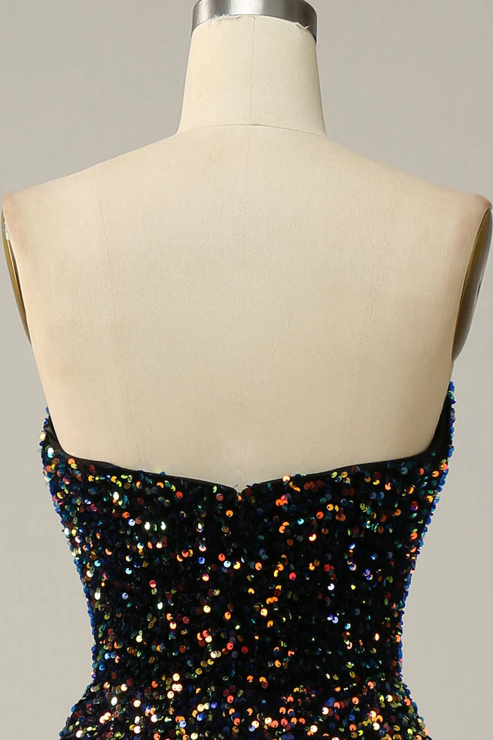 Robe Weitese à paillettes scintillantes, robe de bal mi-longue noire, sans bretelles, décolleté en cœur 
