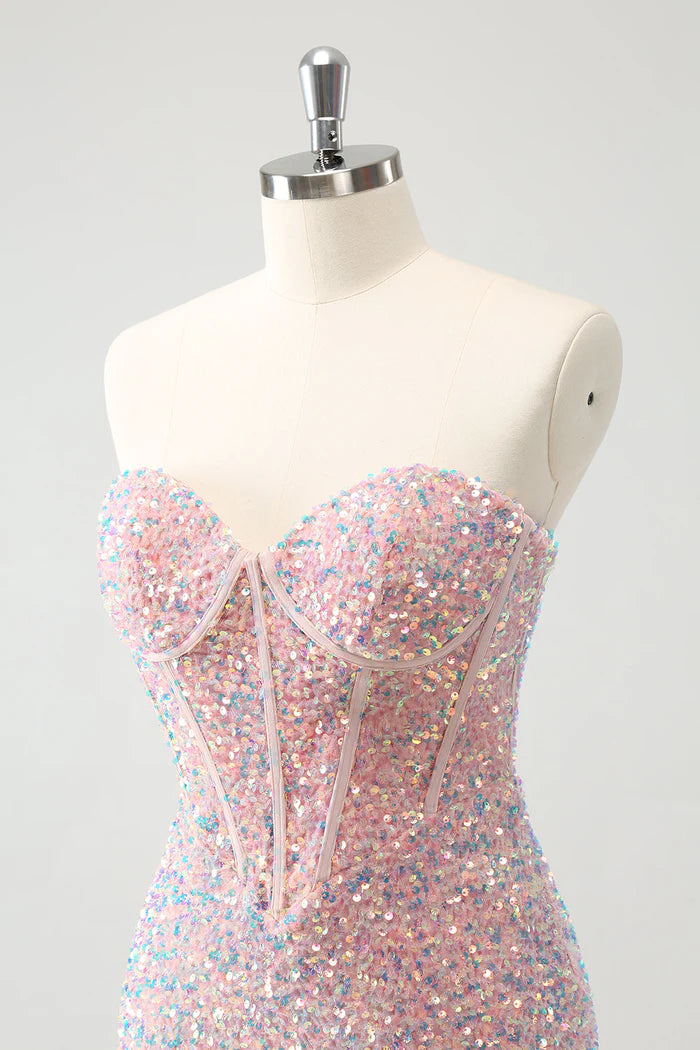 Vestido Weitese brillante sin tirantes rosa claro ajustado corto vestido de fiesta sin mangas con lentejuelas 