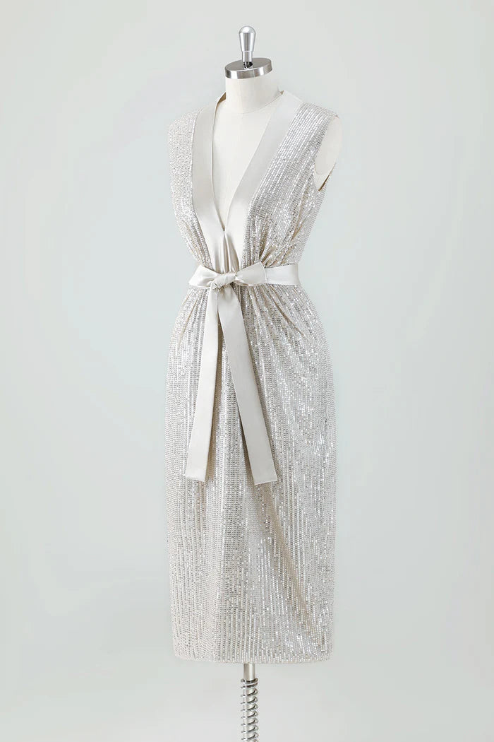 Vestido Weitese con escote en V brillante, vestido de fiesta midi sin mangas con cinturón de lazo. 