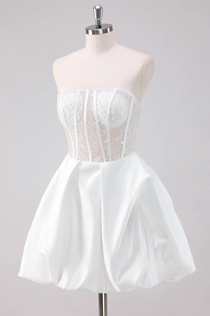 Vestido Weitese blanco brillante, corte A, sin tirantes, corto, para fiesta de bienvenida, sin mangas, con lentejuelas 